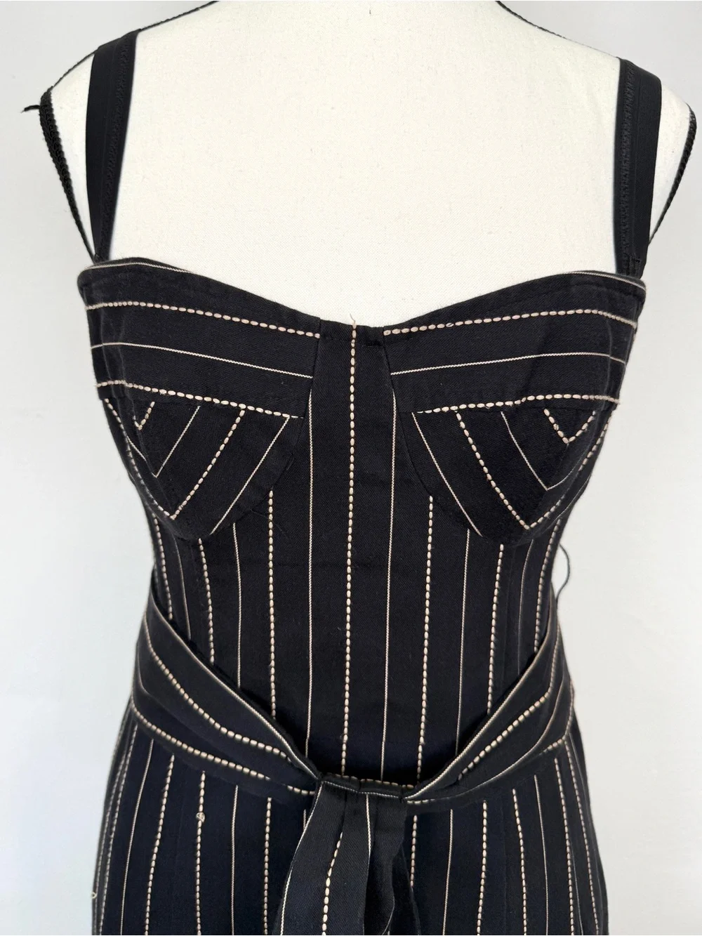 Vintage Nanette Lepore Size 6 Black Pinstripe Belted Corset Sheath Dress - Picture 2 of 13
